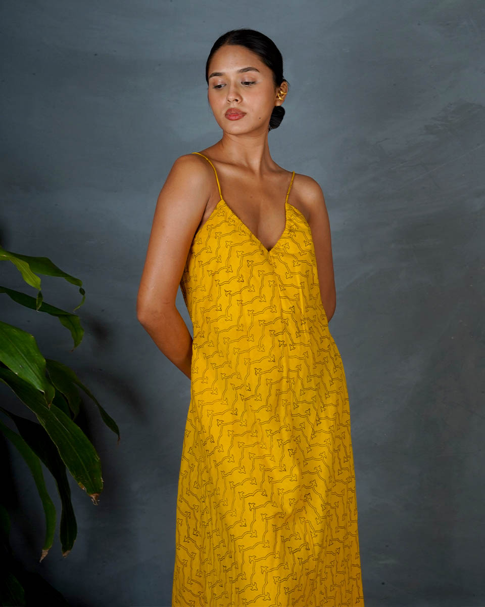 Amaira Yellow Hand Block Printed Dress-MYA