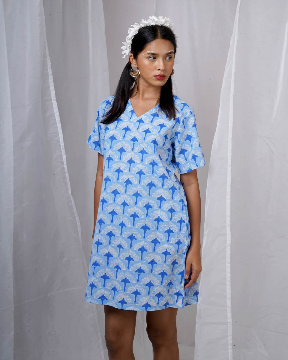 Ira Blue Hand Block Printed Dress-BAD