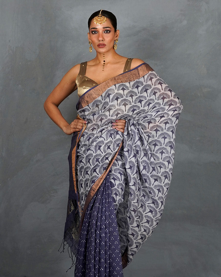 Prabha Blue With White Handblock Linen Saree - TARA