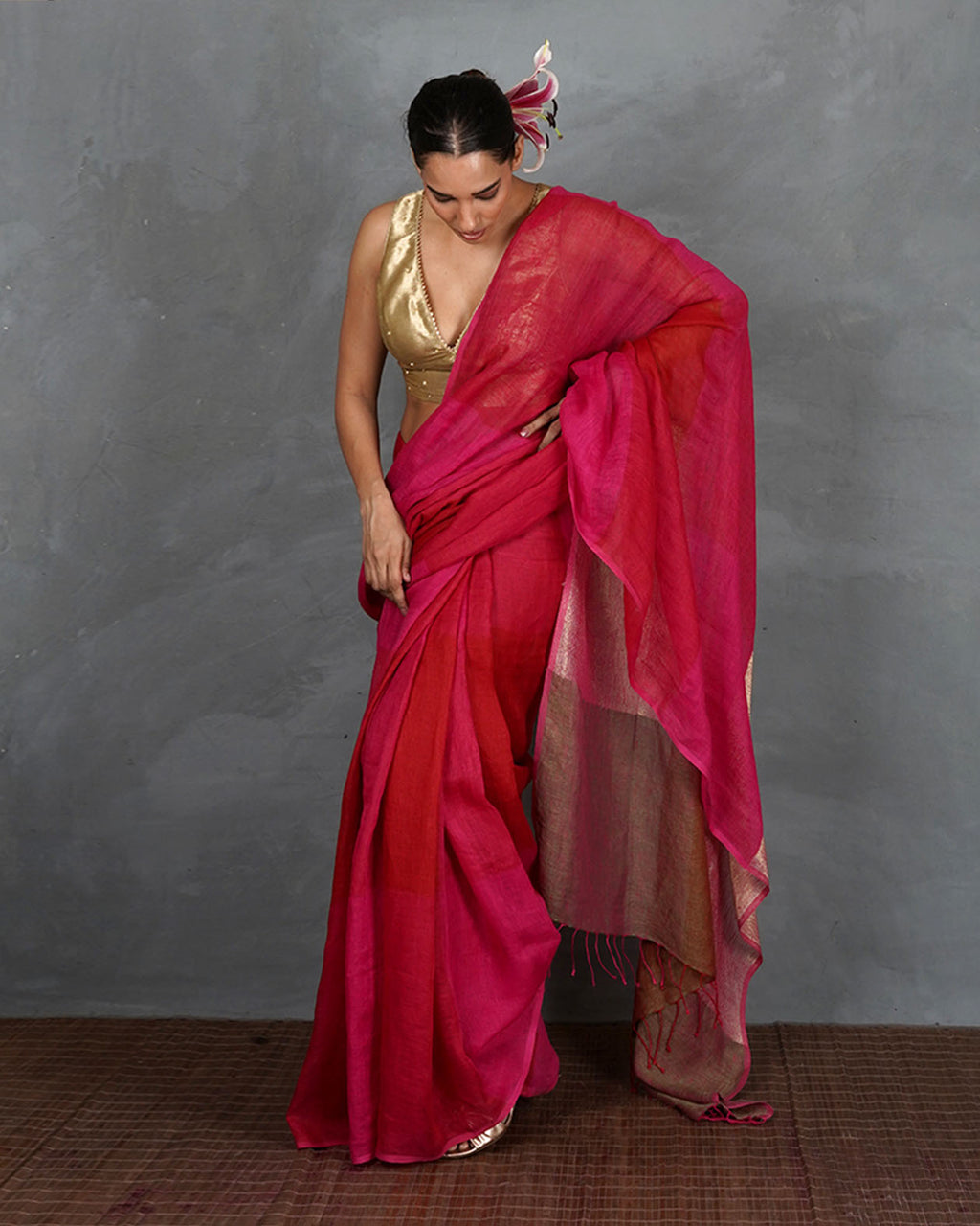 Inner Glow Red With Pink Handwoven Linen Saree - TARA