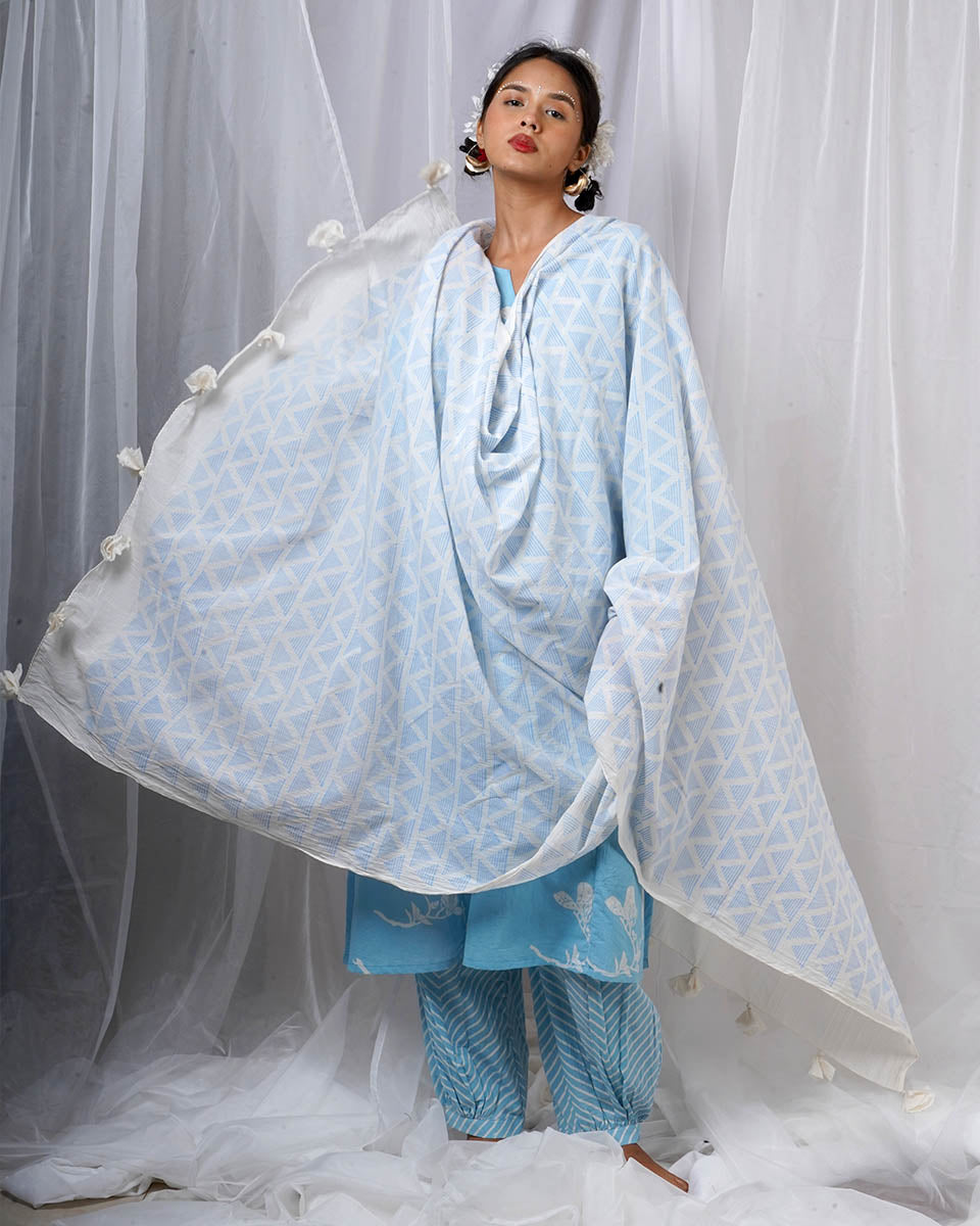 Chikki Blue Hand Block Printed Dupatta-BAD