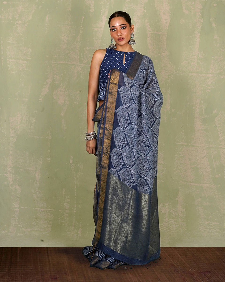 Malhari Blue Handblock Print Linen Saree - INDI