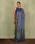 Malhari Blue Handblock Print Linen Saree - INDI