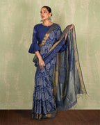 Rahi Blue Handblock Print Linen Saree - INDI
