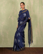 Rasiya Blue Handblock Print Linen Saree - INDI