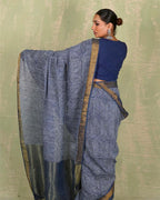 Sanjh Tarini Blue Handblock Print Linen Saree - INDI