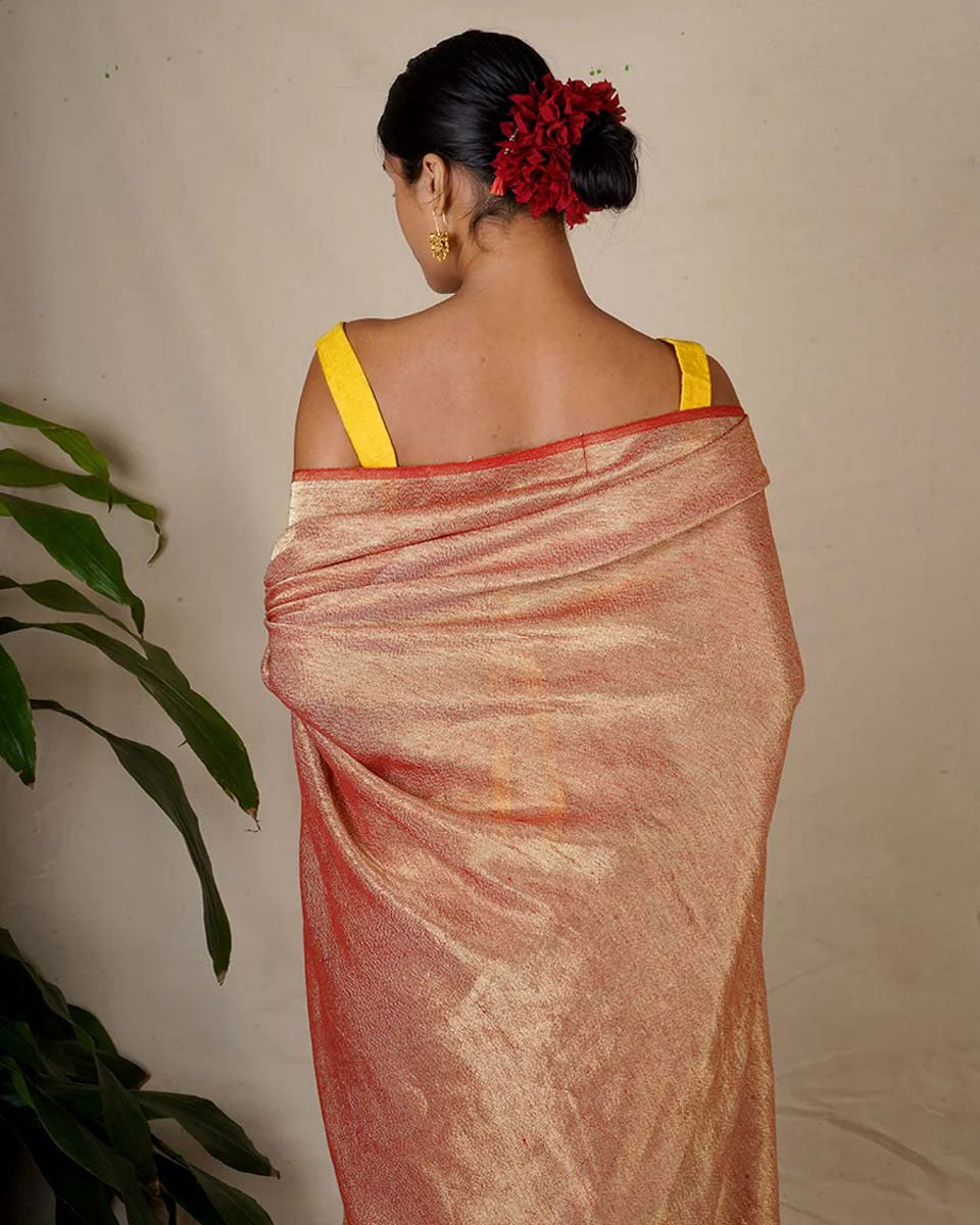 Abhati Red Handwoven Linen Zari Saree - Eknoor