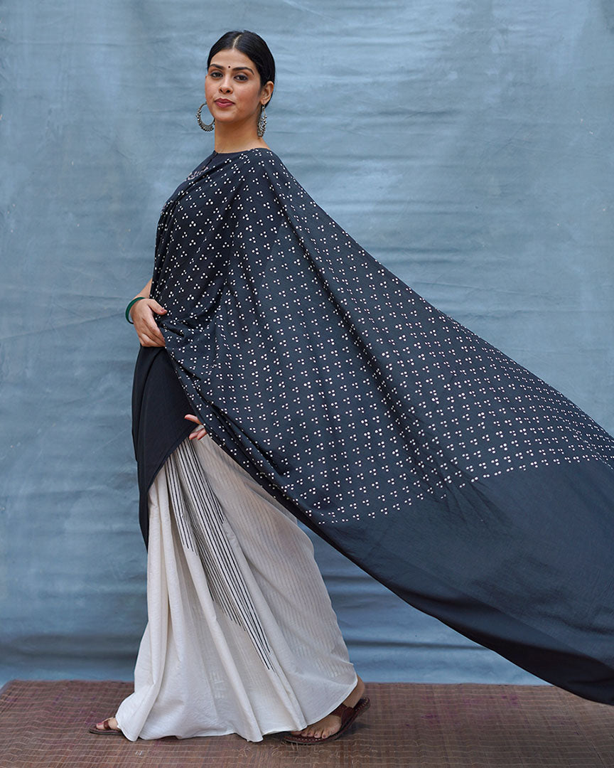 Monochrome Magic Black & White Handblock Print Cotton Saree - MIS