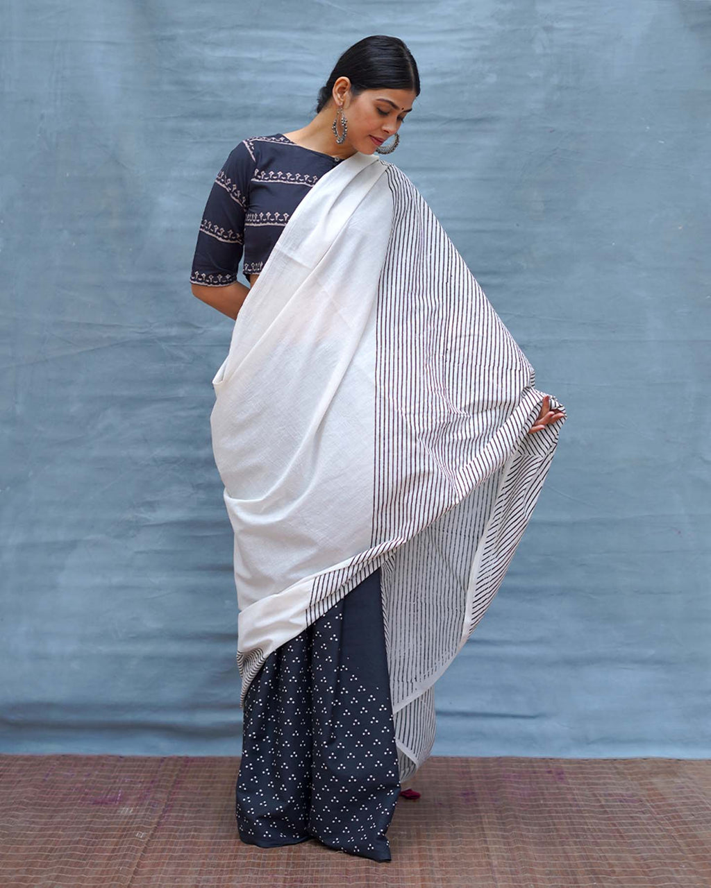 B&W Muse Black & White Handblock Print Cotton Saree - MIS