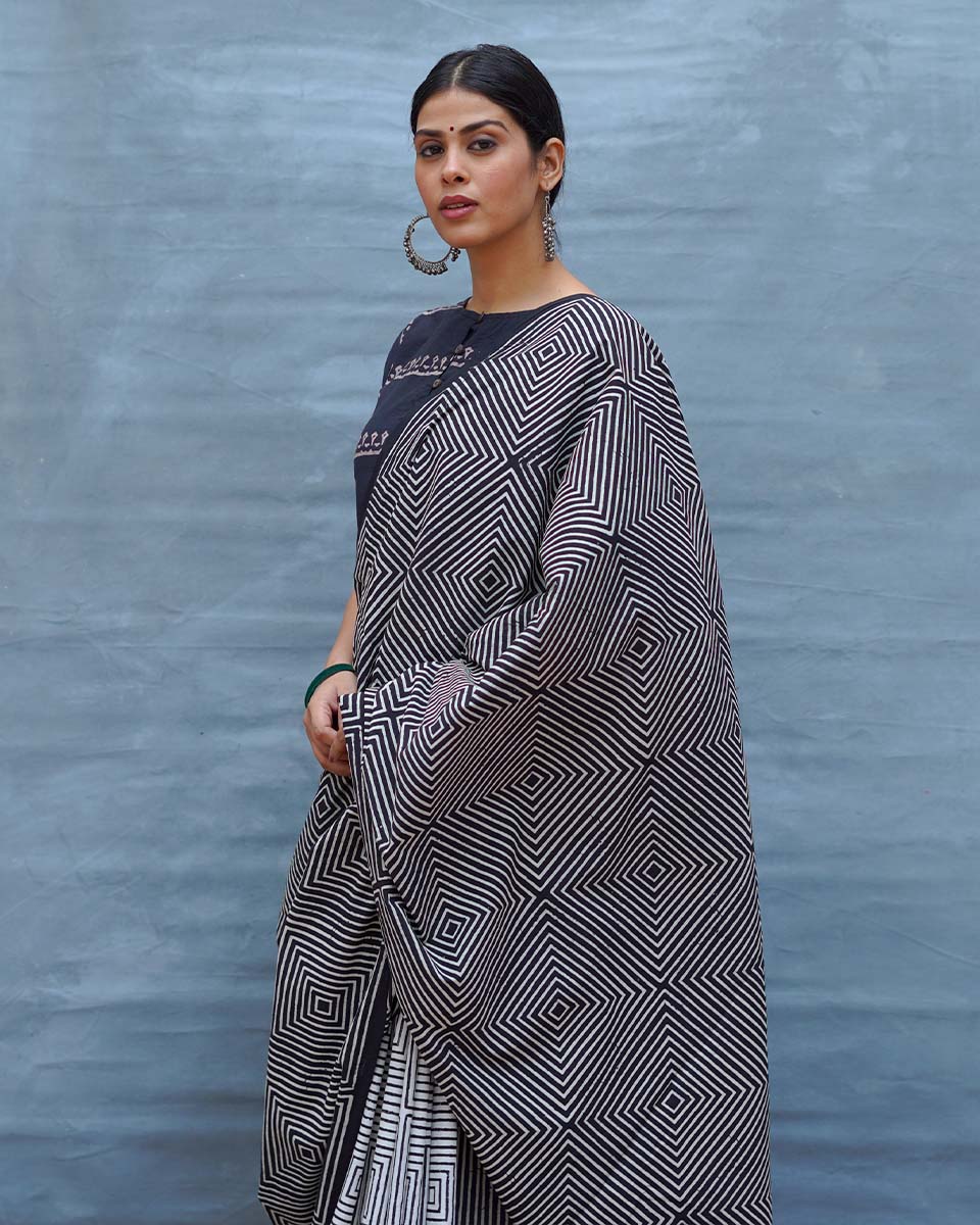 Vintage Muse Black & White Handblock Print Cotton Saree - MIS