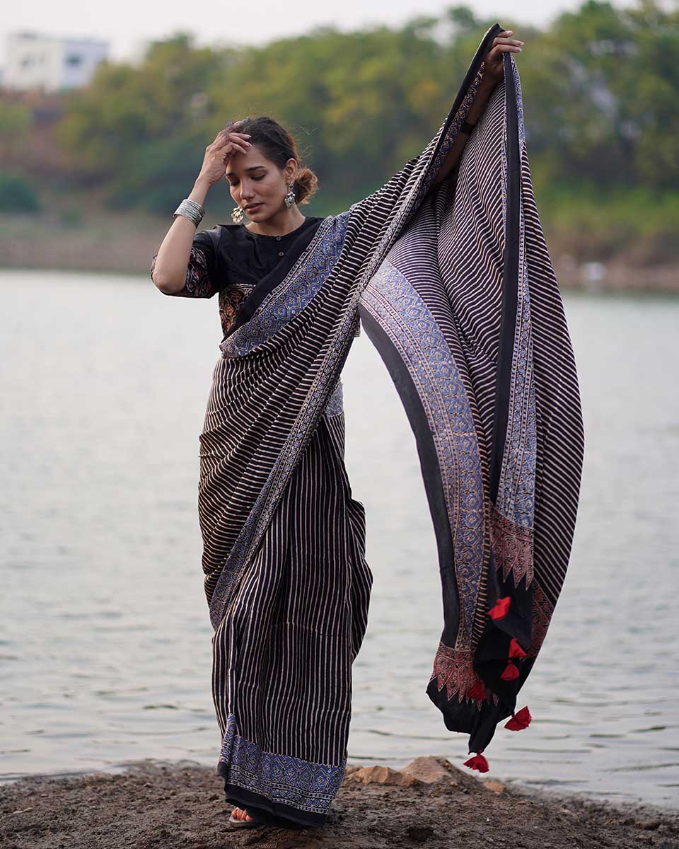 Bhumika Black Block printed Modal Silk Saree - Jaisal
