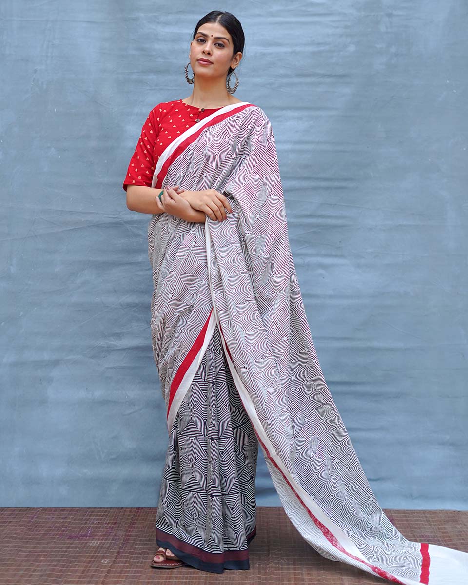 Vintage Poem Black & White Handblock Print Cotton Saree - MIS