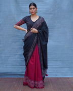 Binodini Black With Maroon Handblock Printed Cotton Saree - Soil