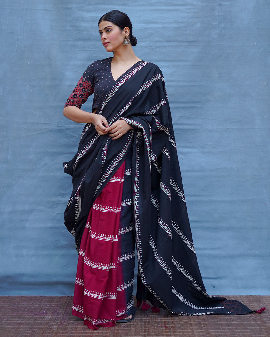 Mrinal Black With Maroon Handblock Printed Cotton Saree - Soil