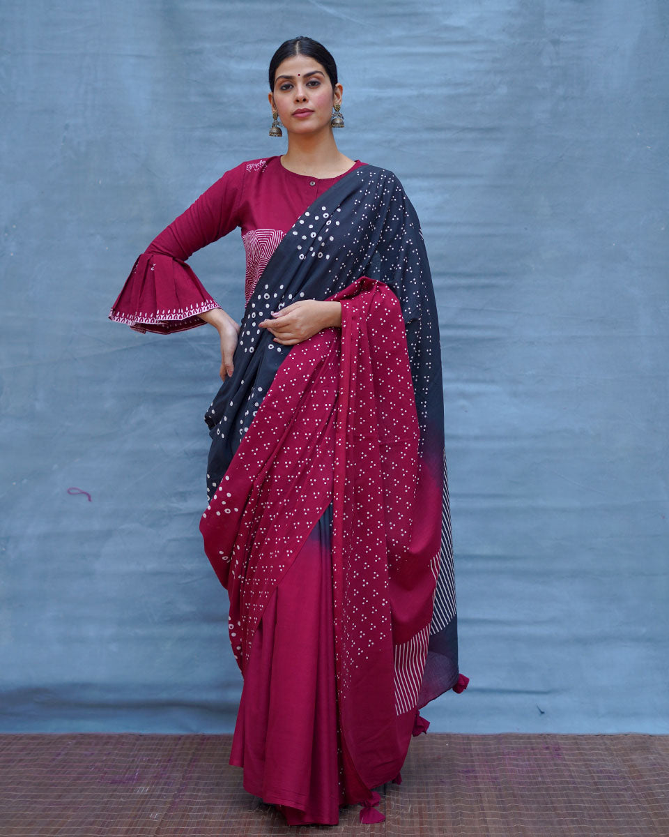 Nandini Maroon With Black Handblock Printed Cotton Saree - Soil