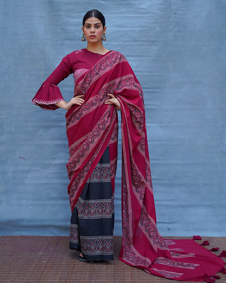 Labanya Maroon Handblock Printed Cotton Saree - Soil