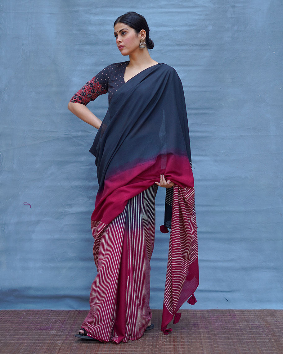 Bimala Black With Maroon Handblock Printed Cotton Saree - Soil