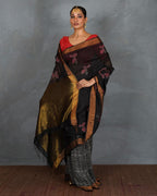Tejasvi Black Handblock Linen Saree - TARA