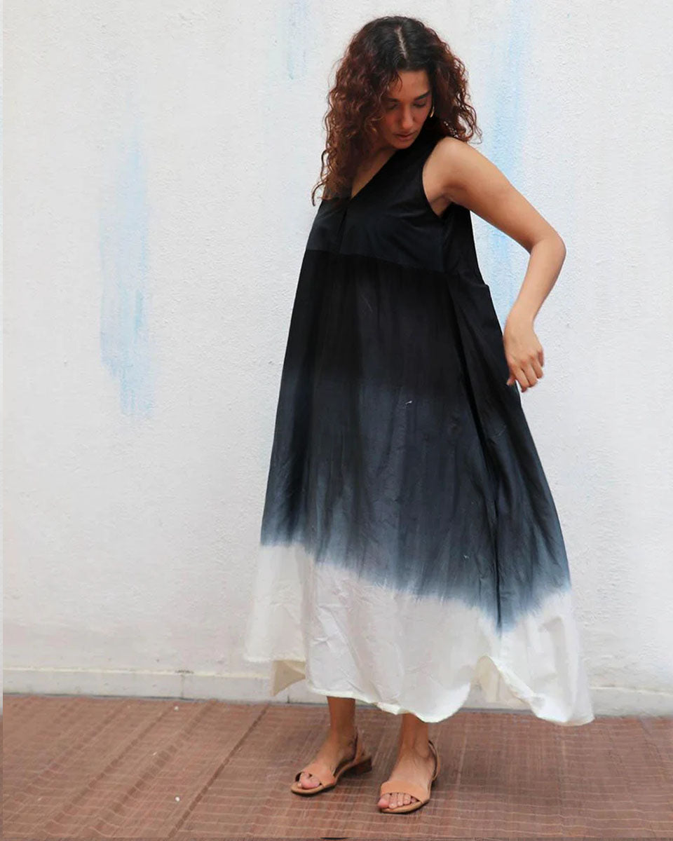 Blackberry Matcha Handblock Printed Cotton Dress - Mono