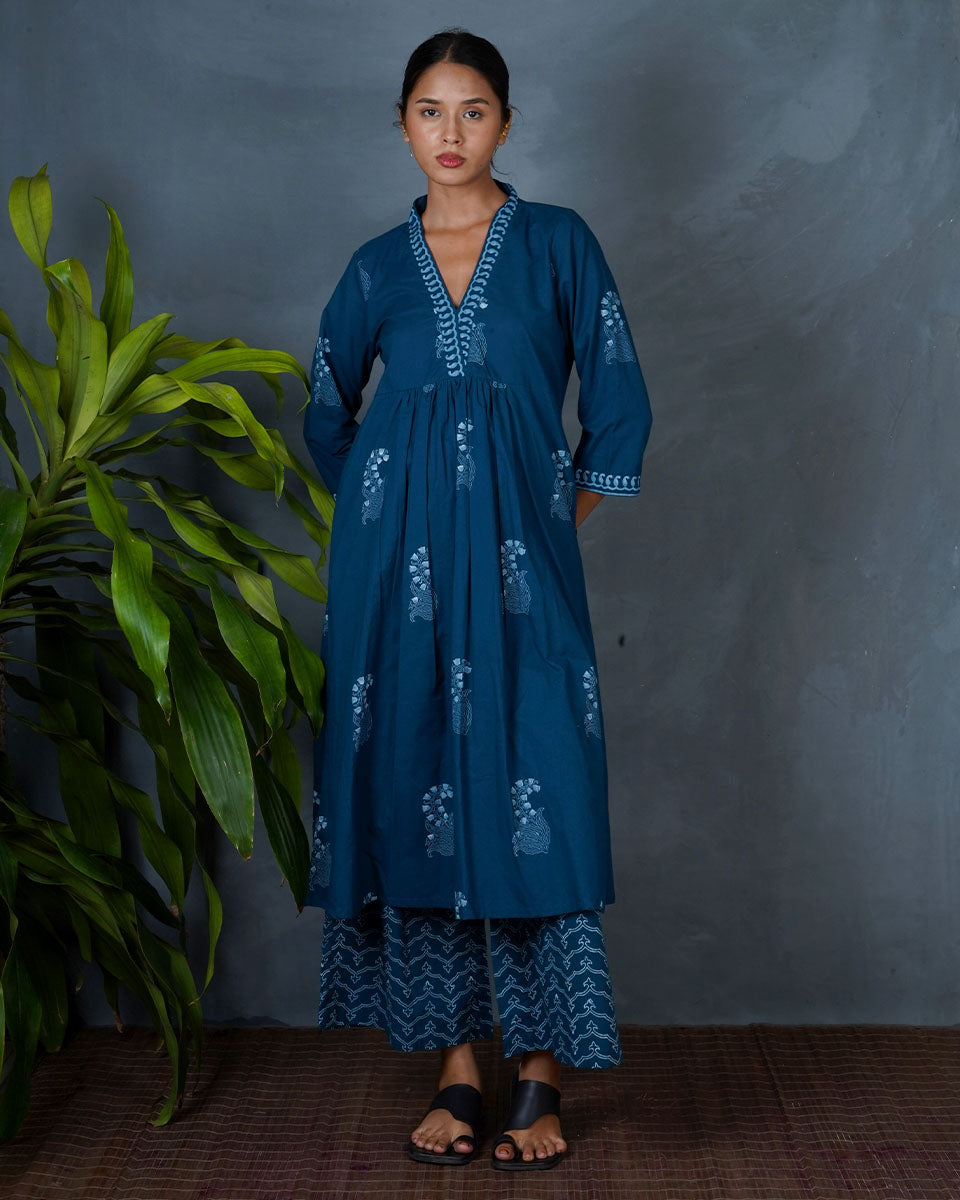 Abhrini Teal Green Hand Block Printed Kurta -MYA