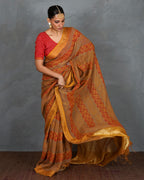Deepika Mustard Handblock Linen Saree - TARA