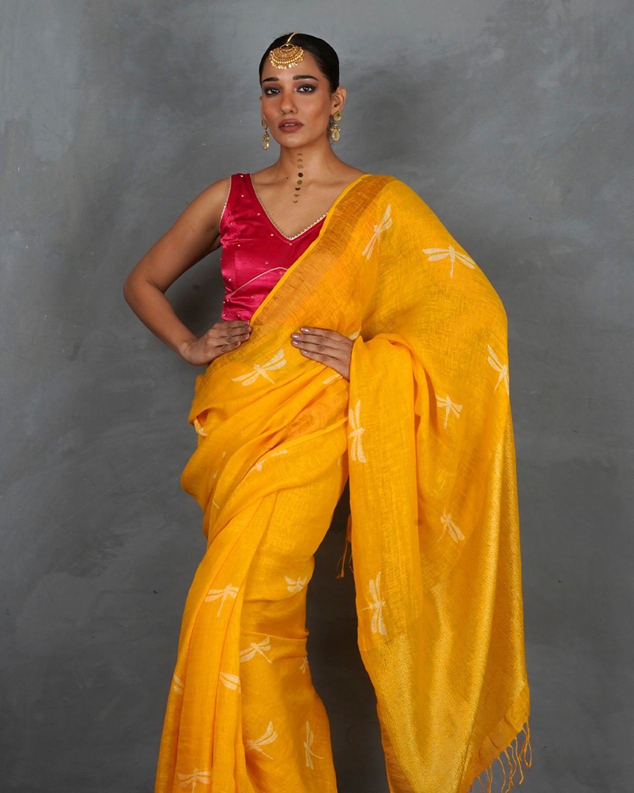Roshni Yellow Handblock Linen Saree - TARA