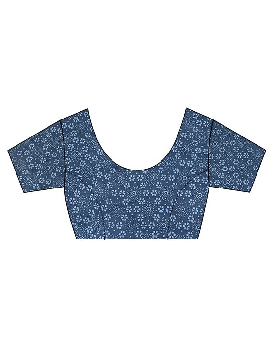 Blue Check And Floral Hand Blockprinted Cotton Mul Saree