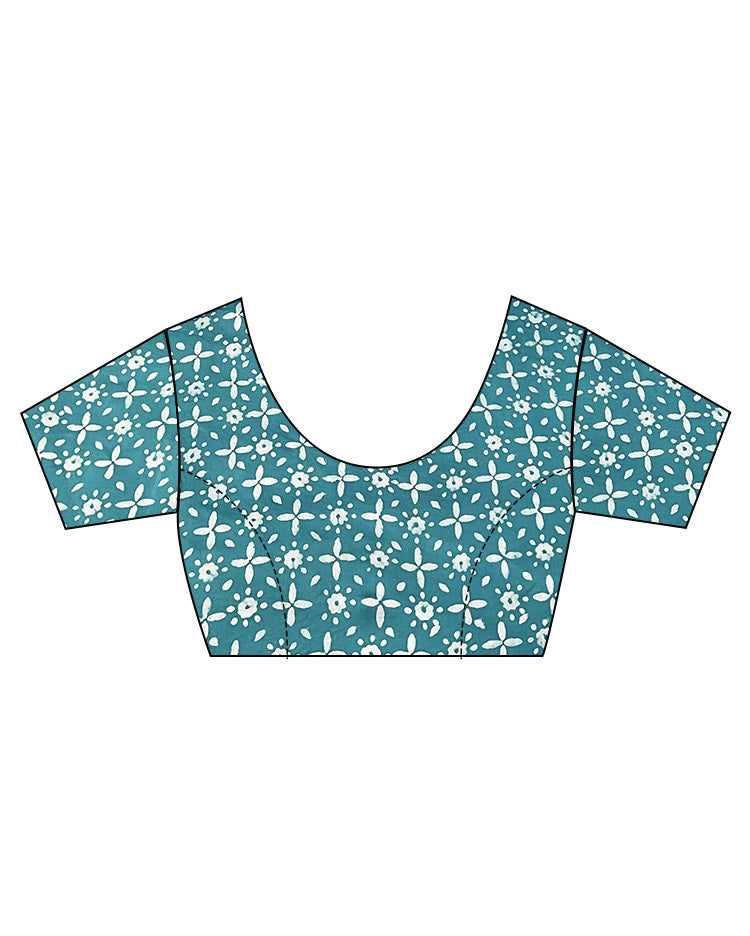 Sea Blue Blockprinted Modal Silk Saree Bel