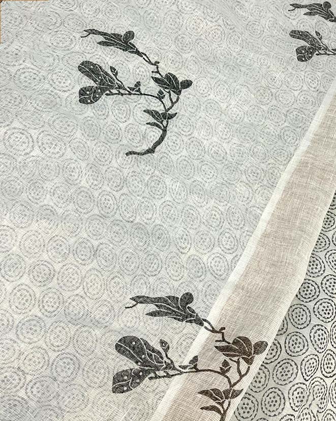 Aabroo White Handblock Linen Saree - TARA