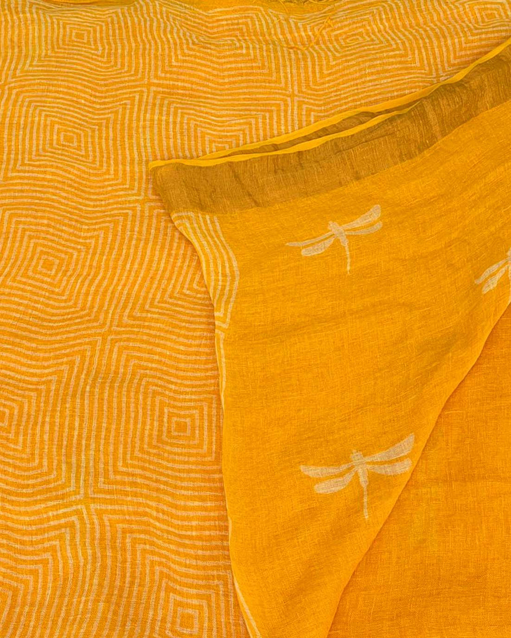 Roshni Yellow Handblock Linen Saree - TARA