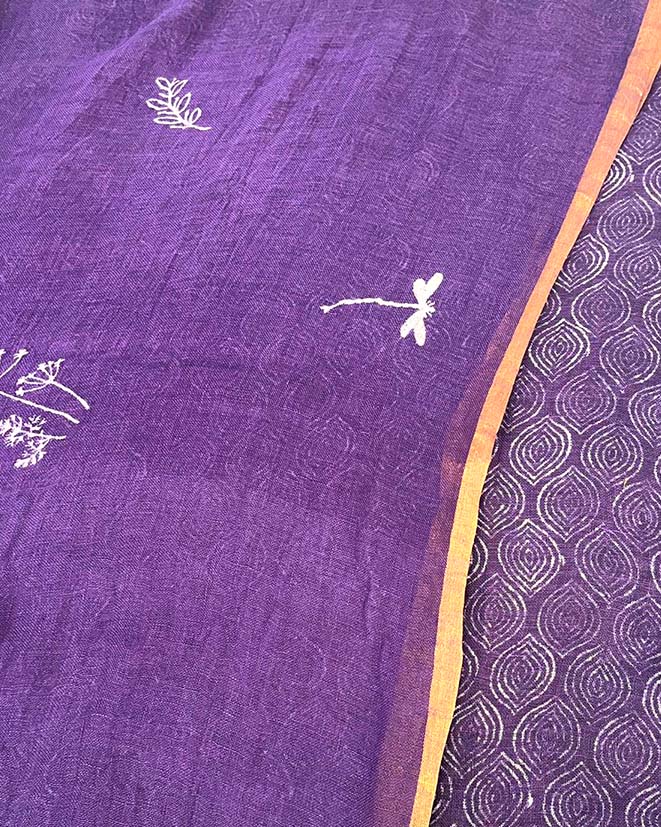 Noori Royal Purple Handblock Linen Saree - TARA
