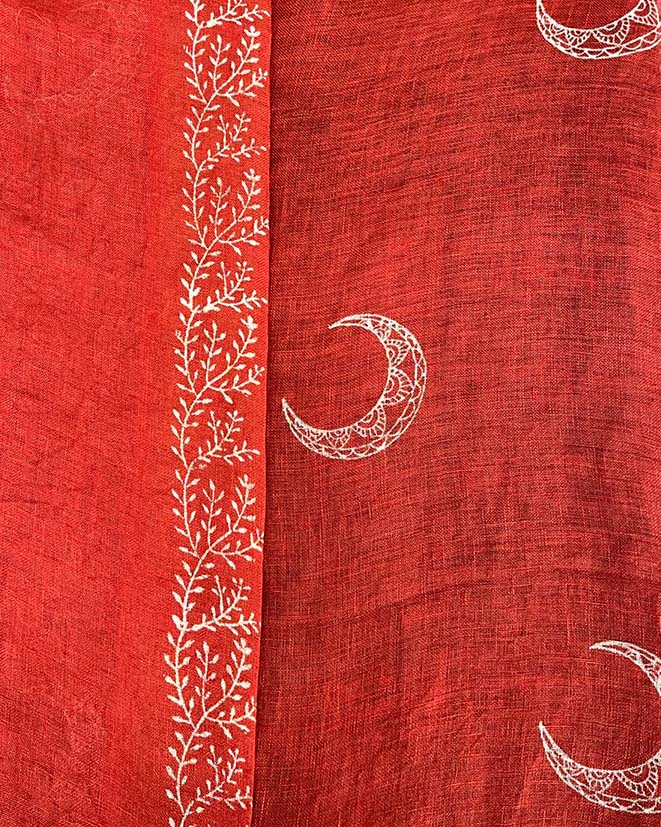 Taraani Red Handblock Linen Saree - TARA