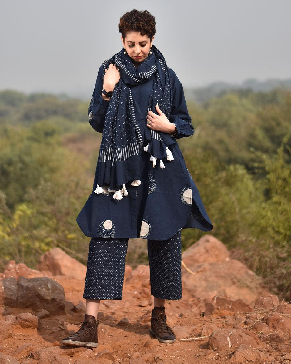 Indigo Flow Blockprinted Cotton Dupatta - Awargi