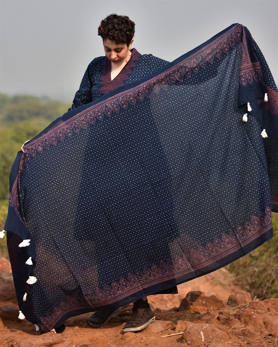 Indigo & Rust Blockprinted Cotton Dupatta - Awargi