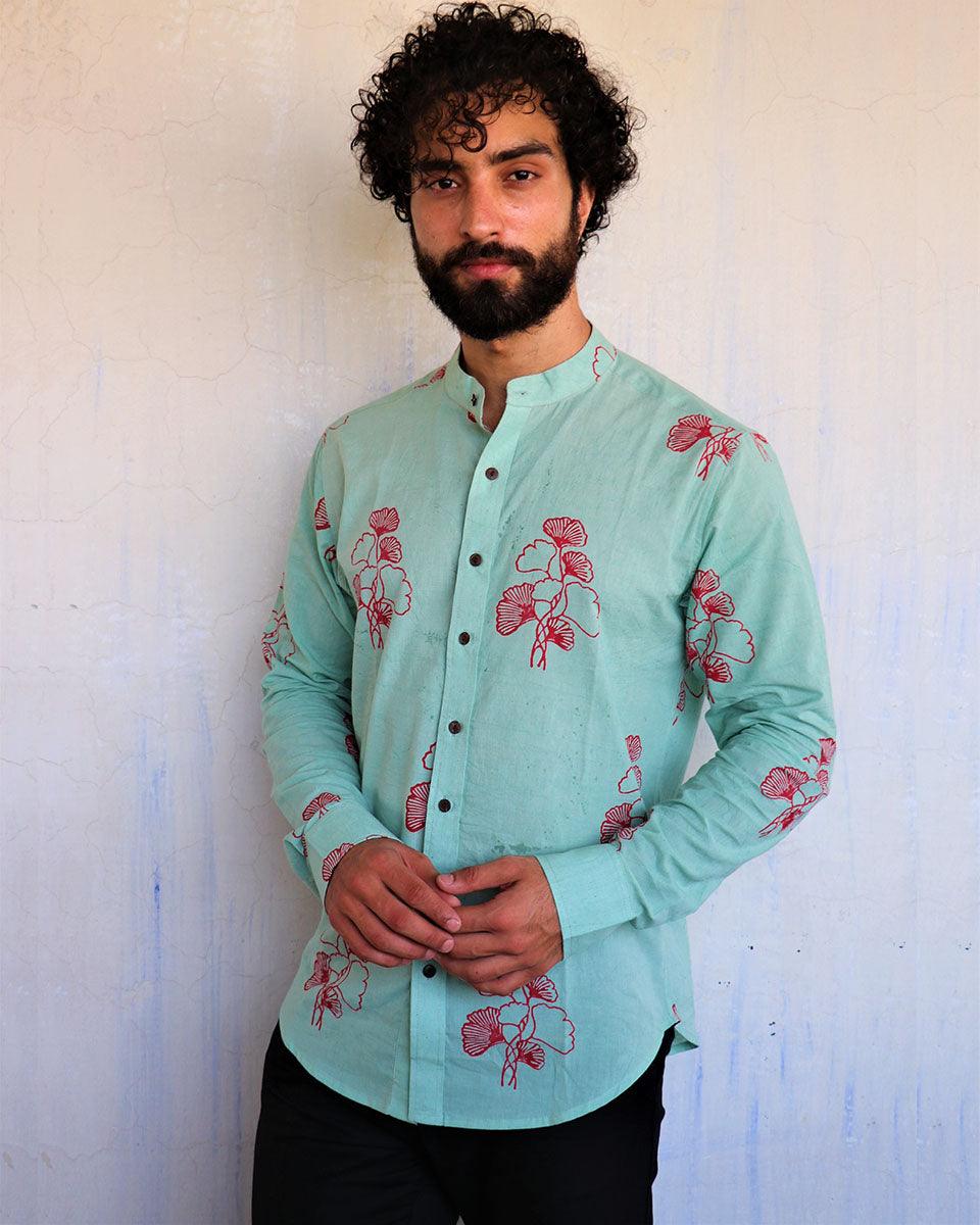 Sea Blue Ginkgo Blockprinted Men'S Shirt