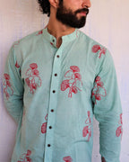 Sea Blue Ginkgo Blockprinted Men'S Shirt