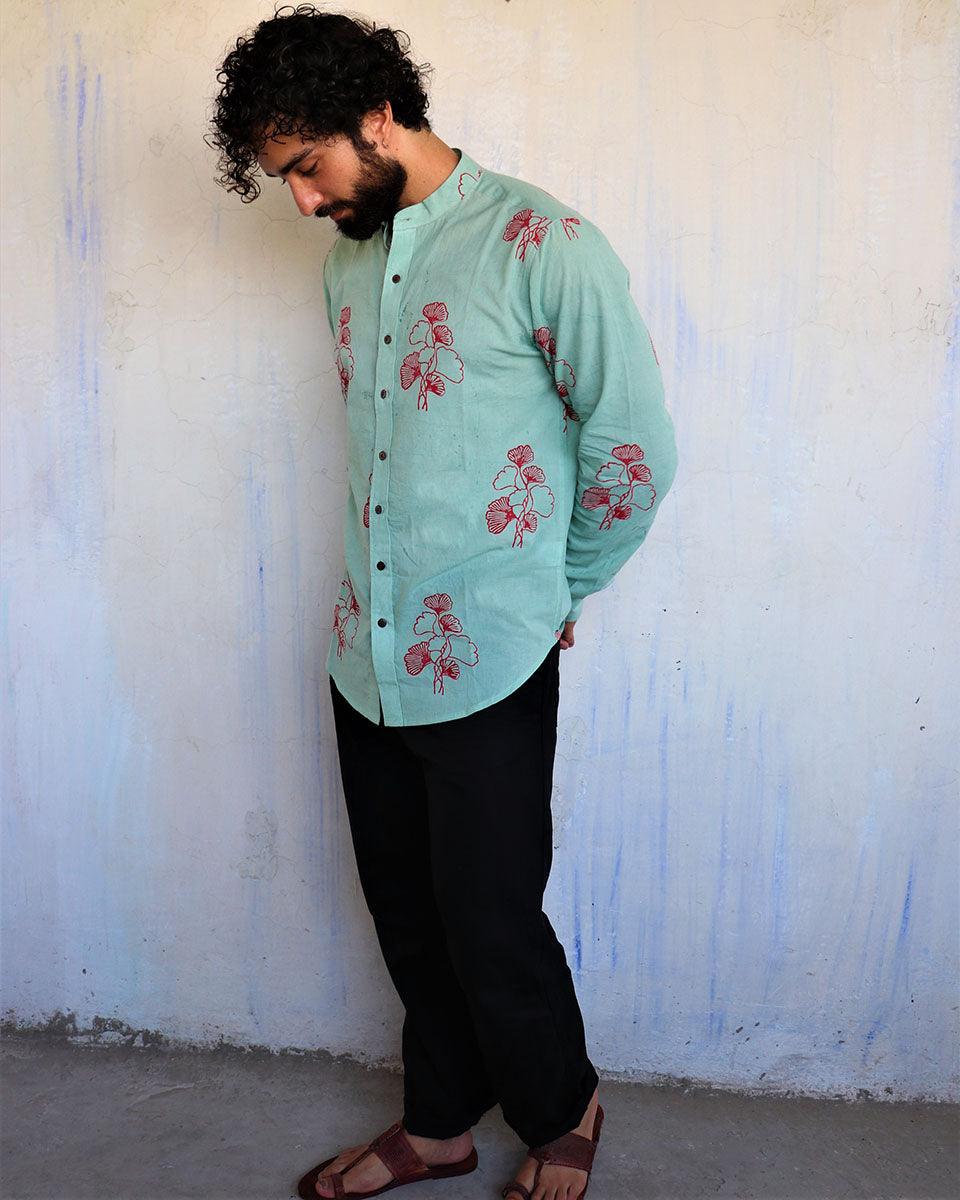 Sea Blue Ginkgo Blockprinted Men'S Shirt