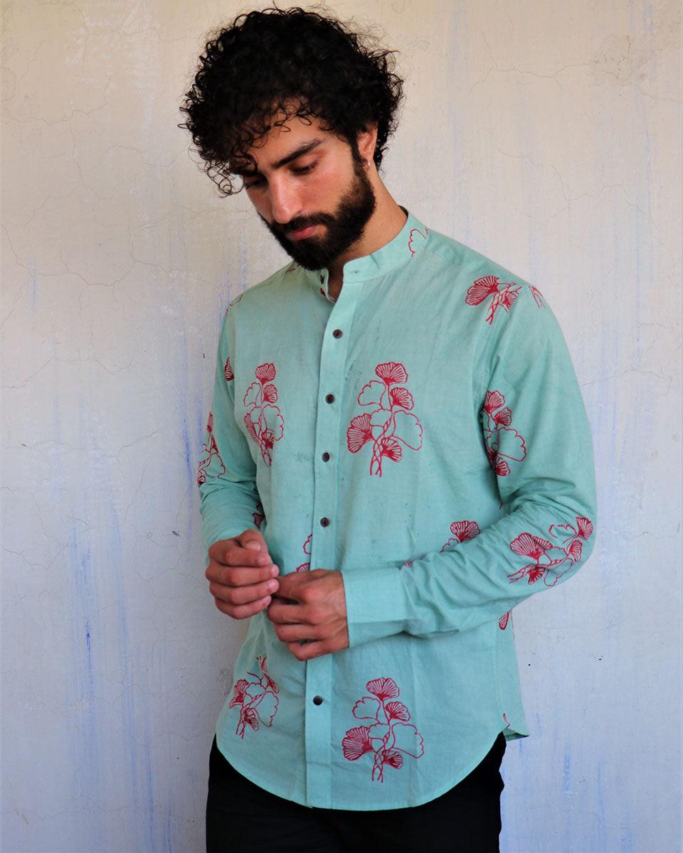 Sea Blue Ginkgo Blockprinted Men'S Shirt