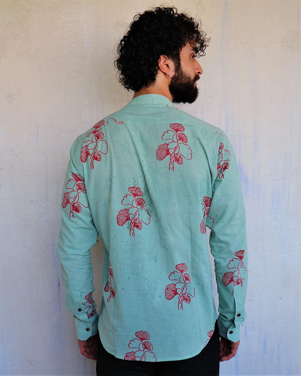 Sea Blue Ginkgo Blockprinted Men'S Shirt