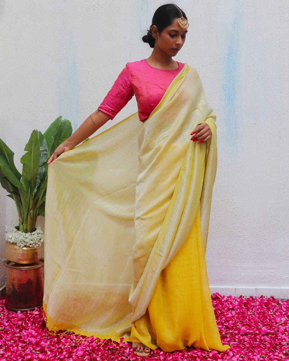 Jasnoor Yellow Handwoven Linen Zari Saree - Eknoor