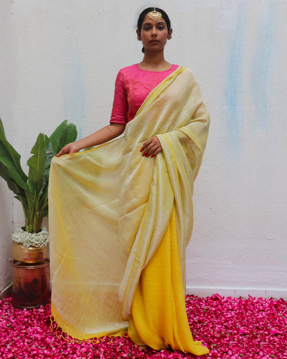 Jasnoor Yellow Handwoven Linen Zari Saree - Eknoor