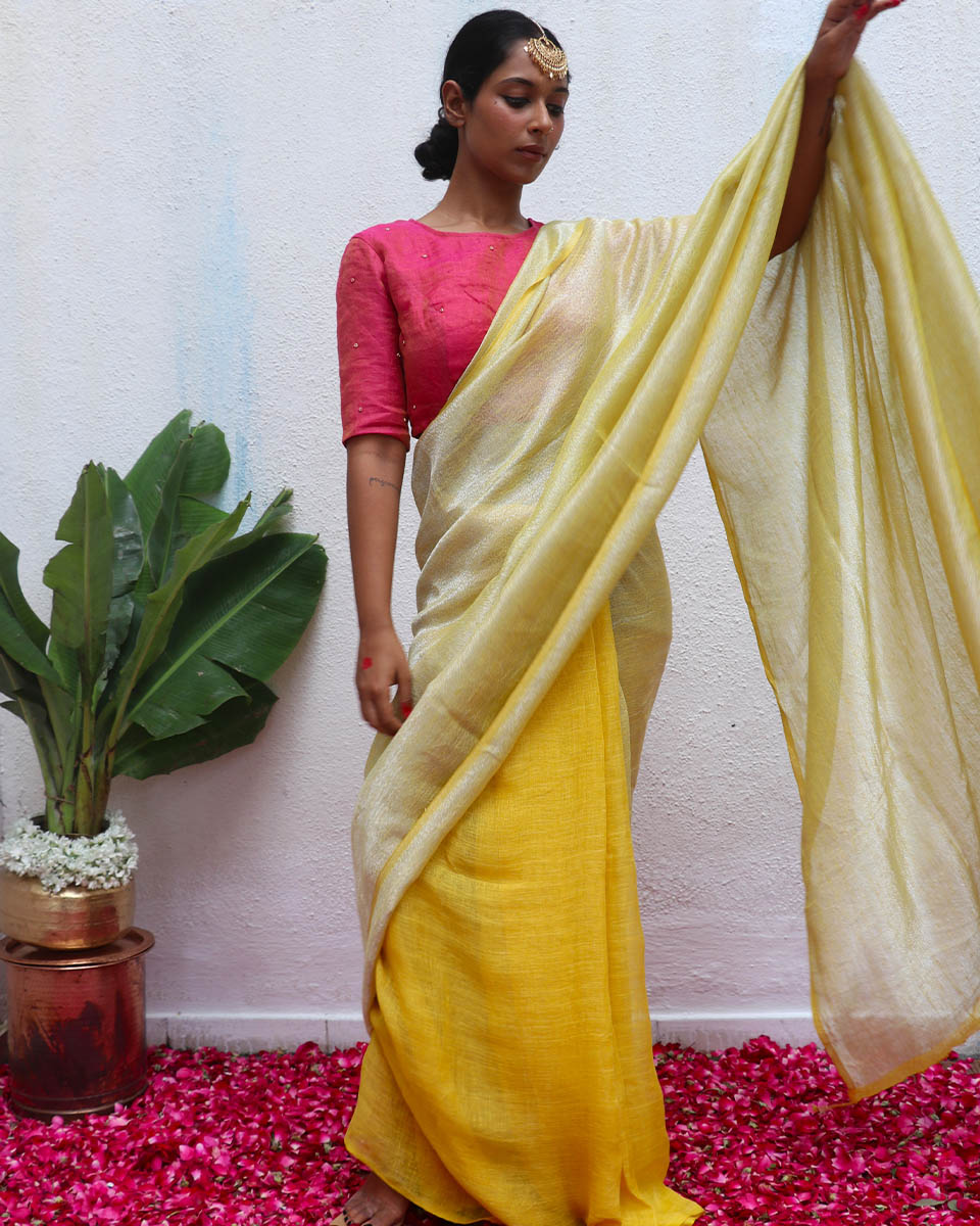 Jasnoor Yellow Handwoven Linen Zari Saree - Eknoor