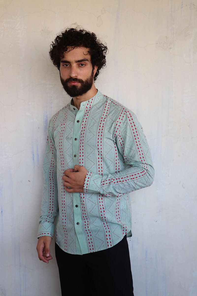 Sea Green Chevron Blockprinted Men'S Shirt
