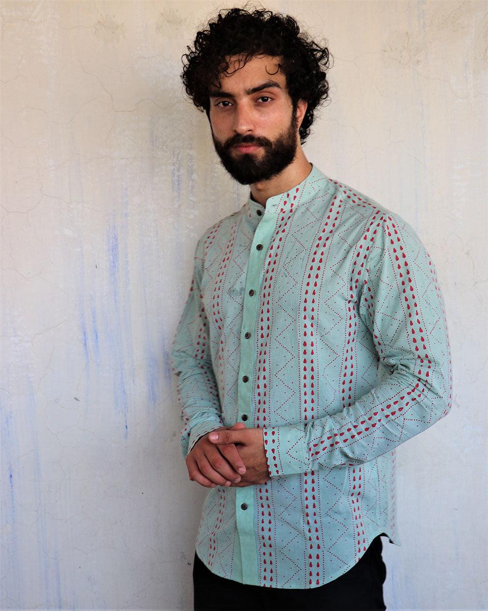 Sea Green Chevron Blockprinted Men'S Shirt