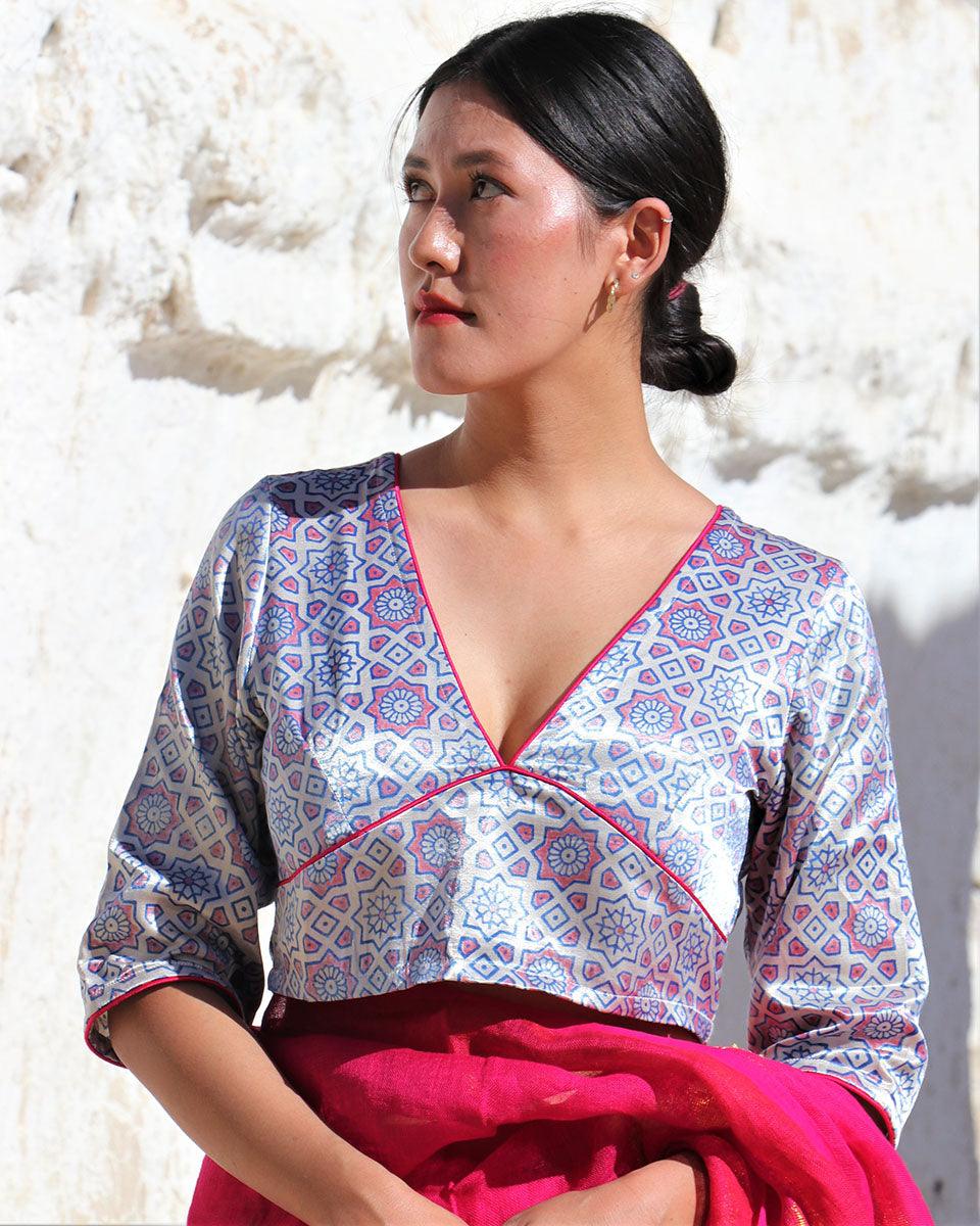 Red & Silver Blockprinted Mashru Silk Blouse-Lagn