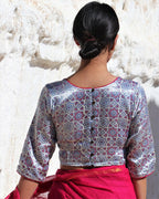 Red & Silver Blockprinted Mashru Silk Blouse-Lagn