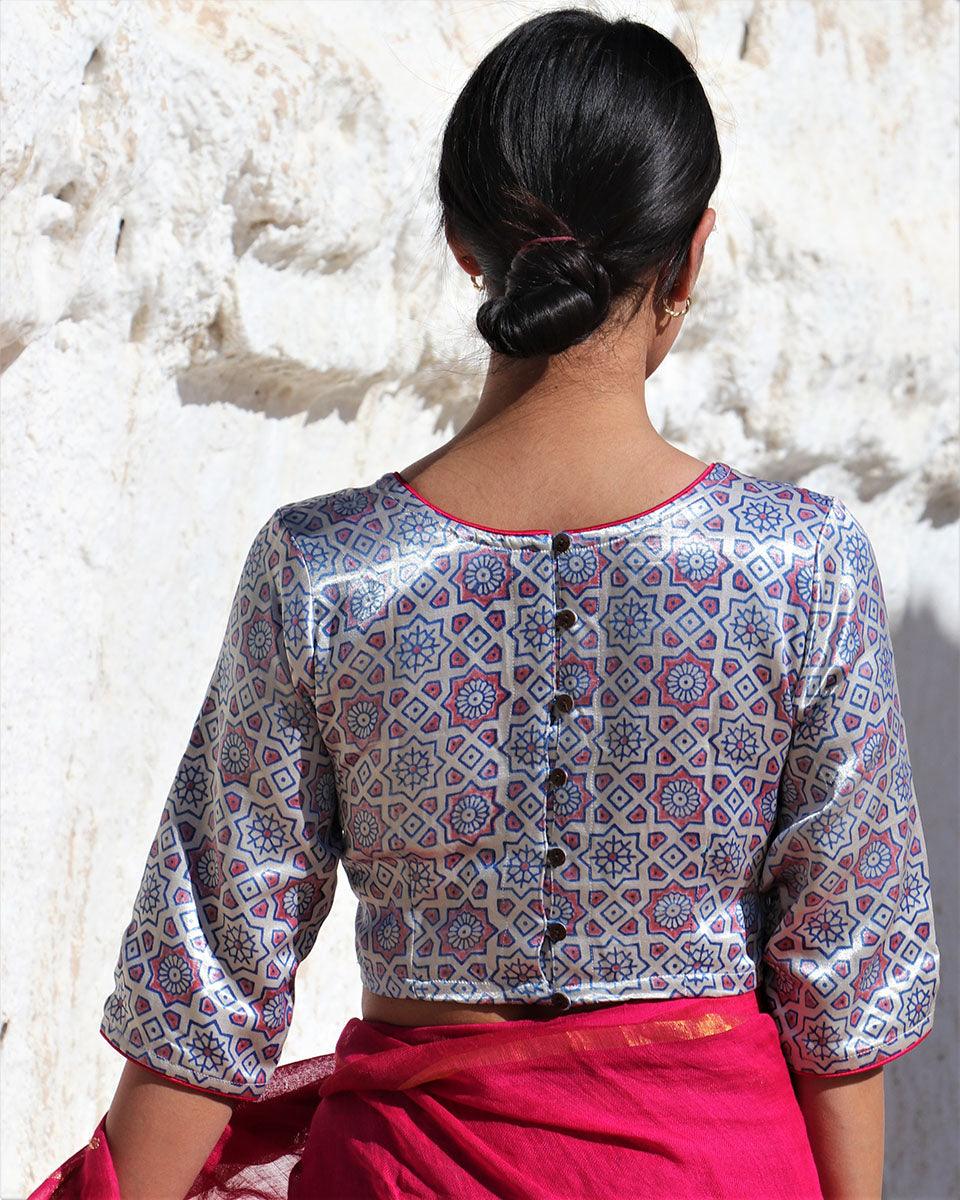 Red & Silver Blockprinted Mashru Silk Blouse-Lagn