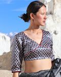 Blue Jaali Blockprinted Mashru Silk Blouse-Lagn