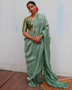 Lush Green Handwoven Linen Zari Saree - TOG