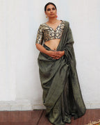 Jade Black Handwoven Linen Zari Saree - TOG